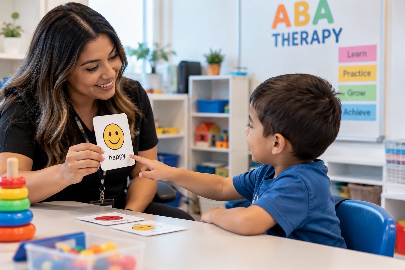 ABA therapist using a picture card to practice emotions with a young boy
