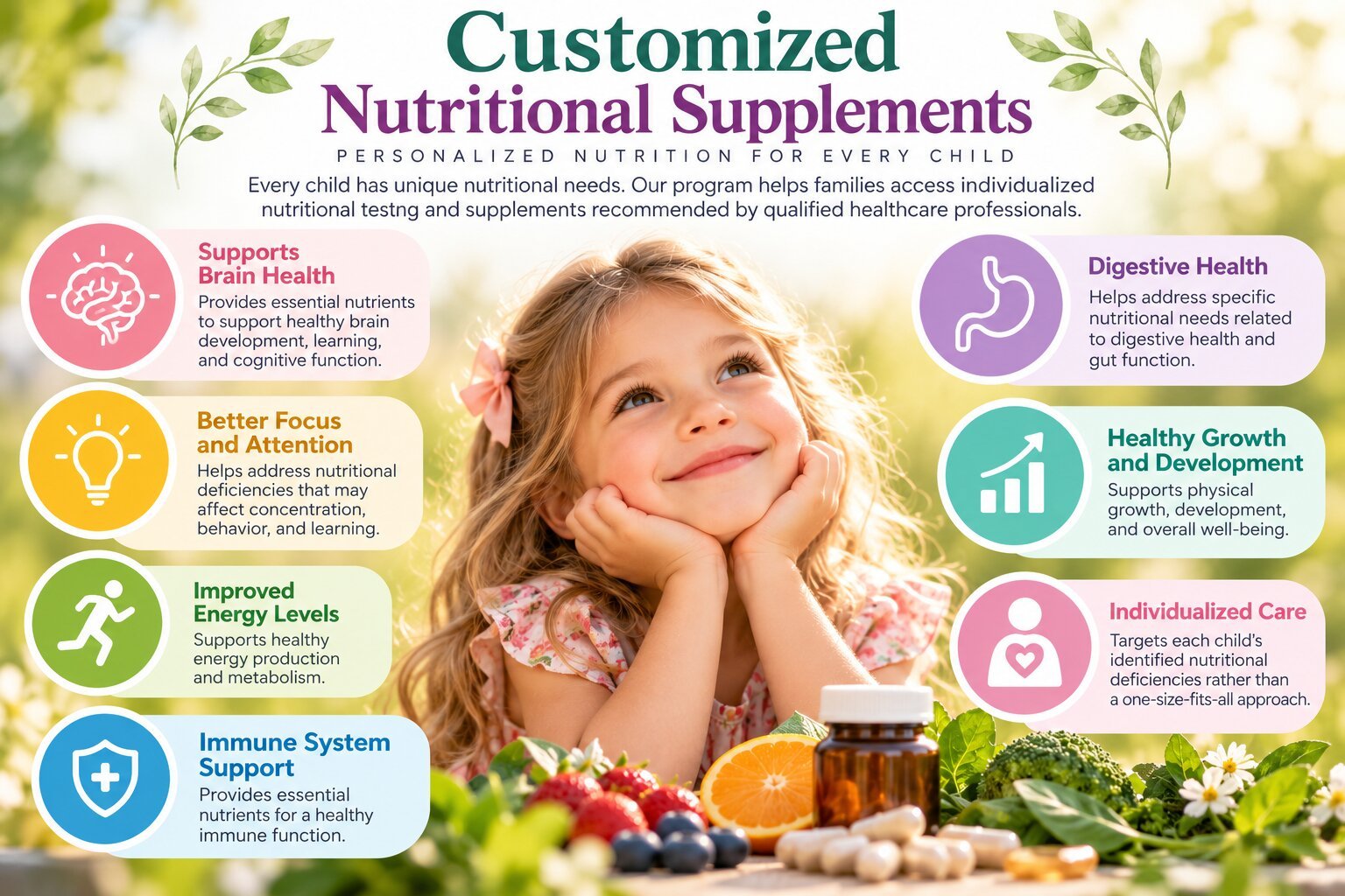 Smiling girl with fresh fruits, vegetables and supplements, surrounded by icons for brain health, focus, energy, immunity, digestion, growth and individualized care