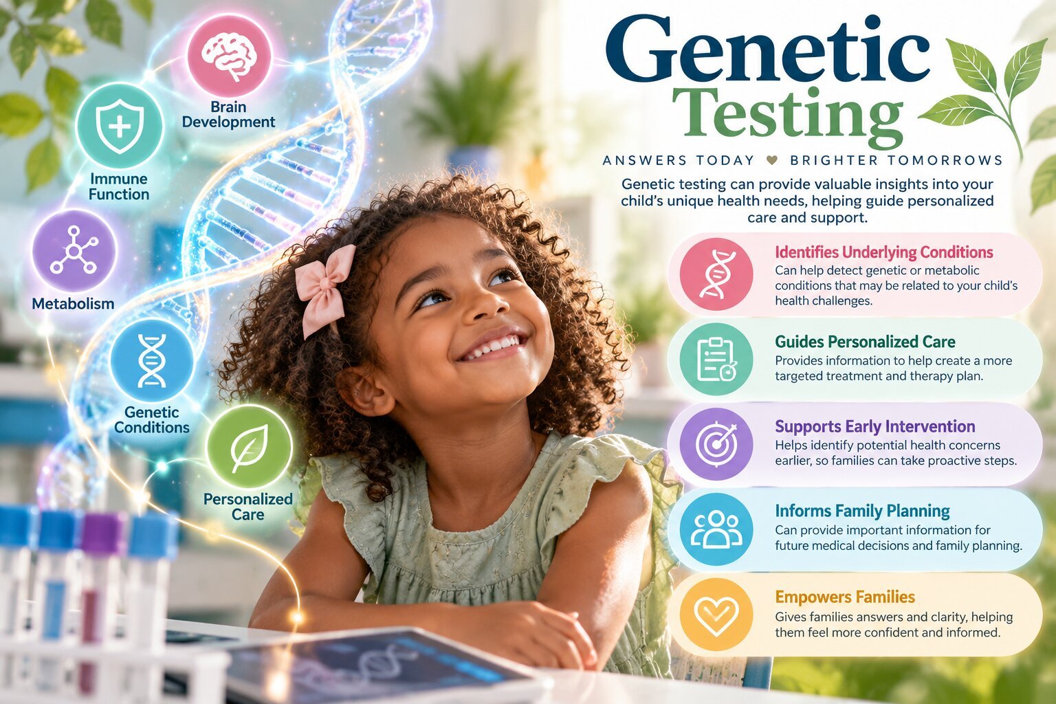 Smiling girl at a table with a DNA illustration and icons for brain development, immune function, metabolism, genetic conditions and personalized care