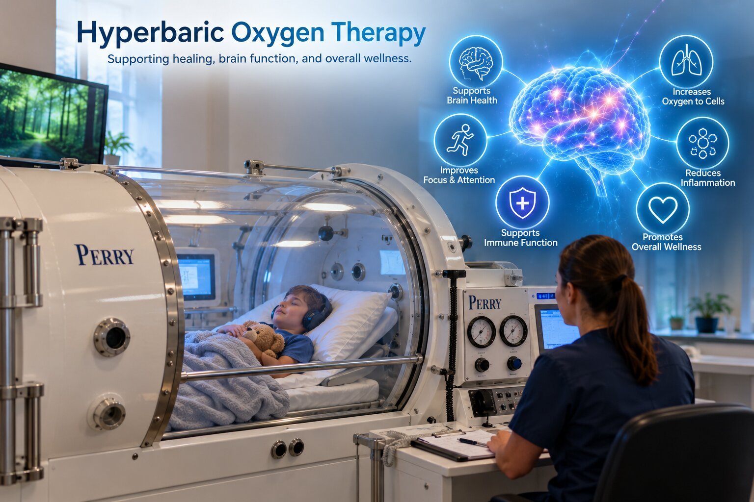 Child resting inside a hyperbaric oxygen chamber while a clinician monitors the session