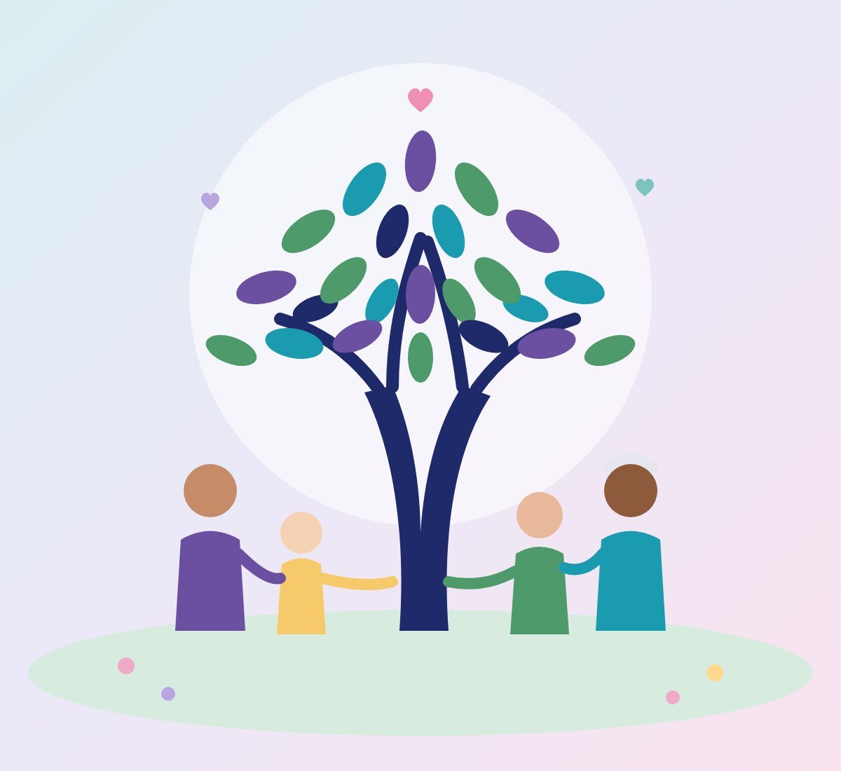 Illustration of people of different ages holding hands beneath a colorful tree