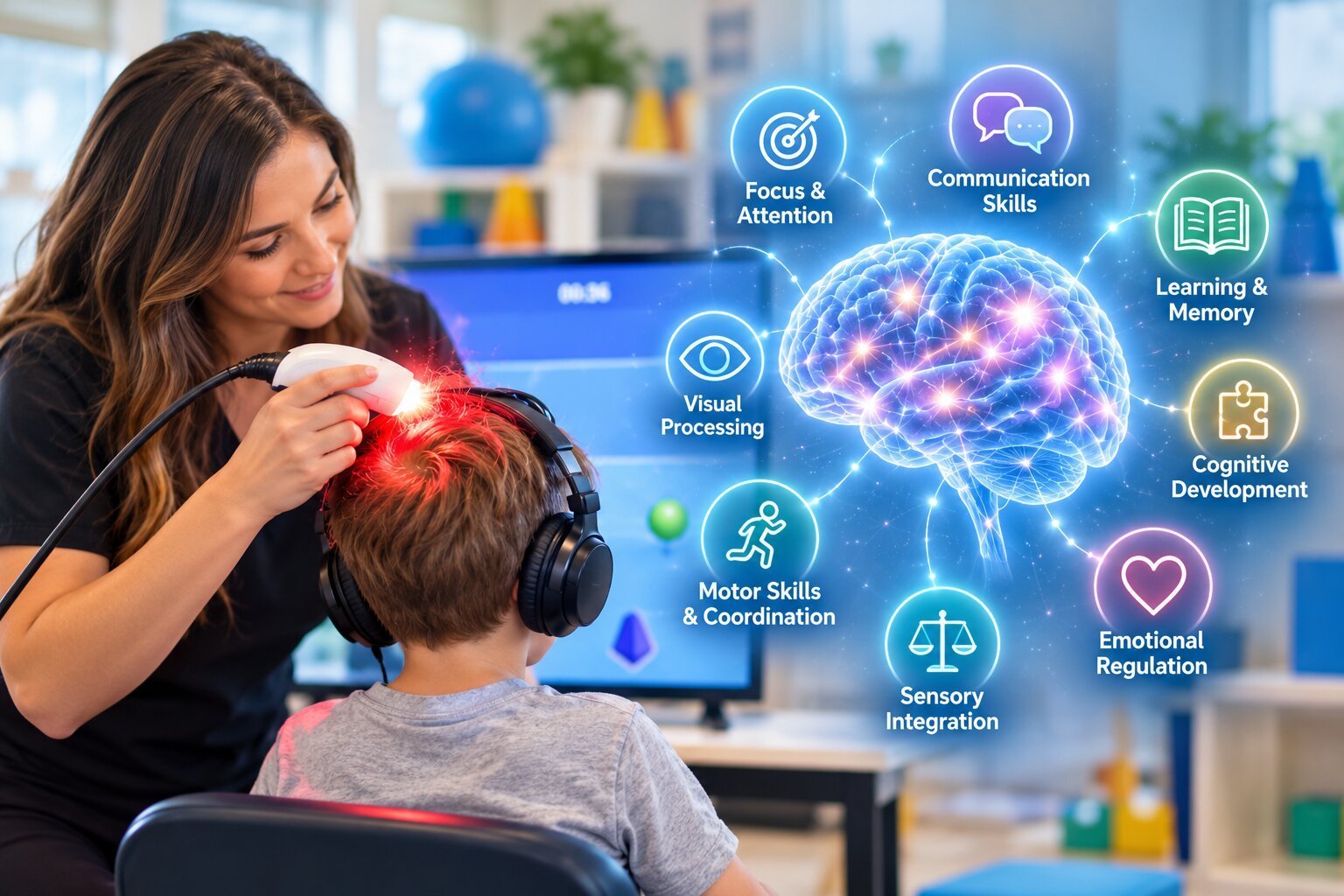 Therapist working with a child during a neurodevelopmental program session, with icons for focus, communication, memory, sensory integration, motor skills and emotional regulation