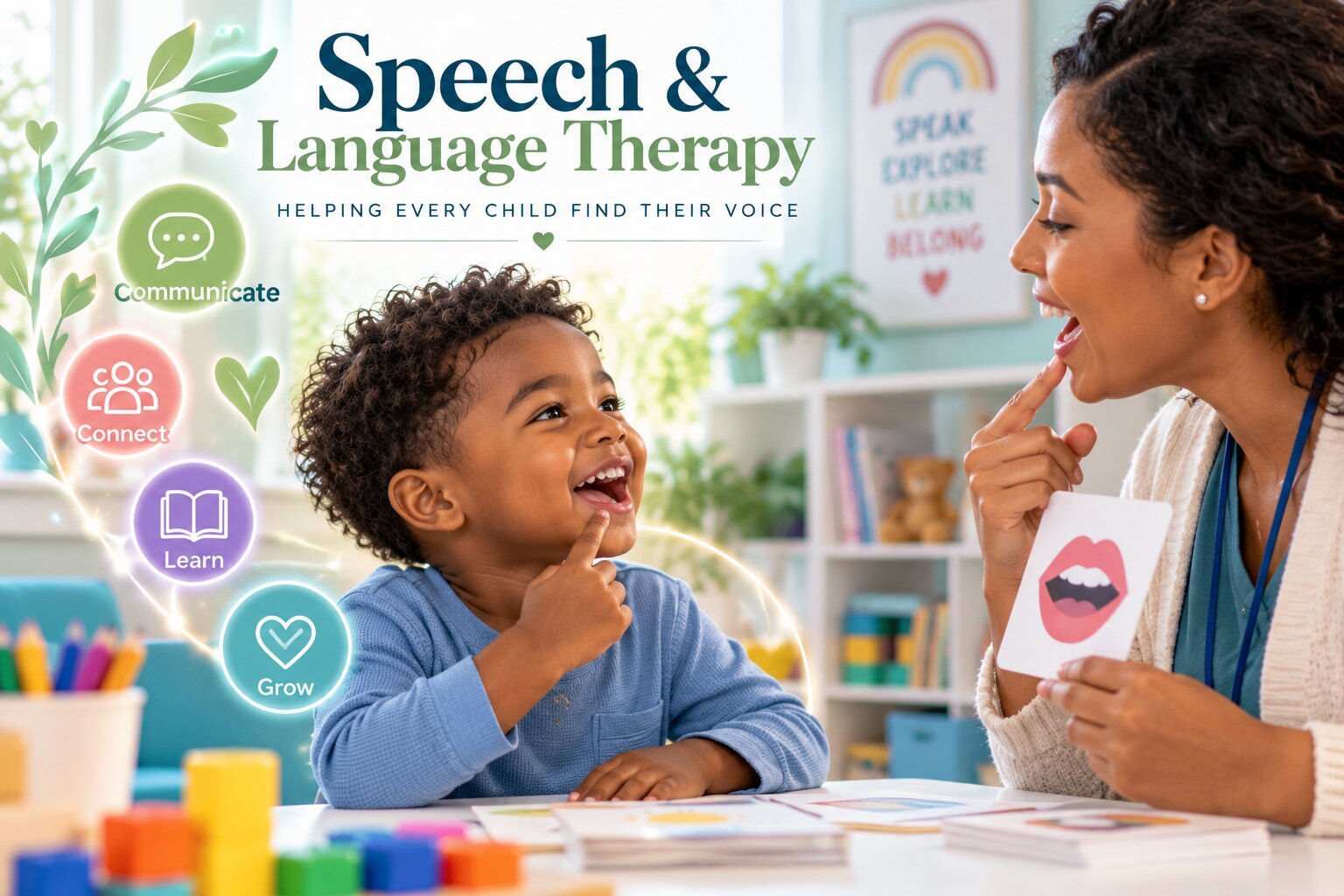 Speech therapist using a mouth picture card to practice sounds with a smiling young boy