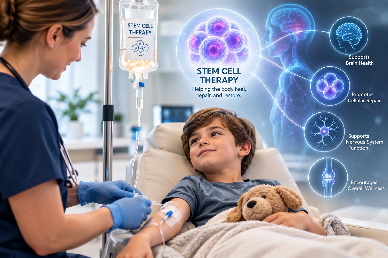Nurse caring for a smiling boy receiving an IV infusion, with an illustration of stem cells