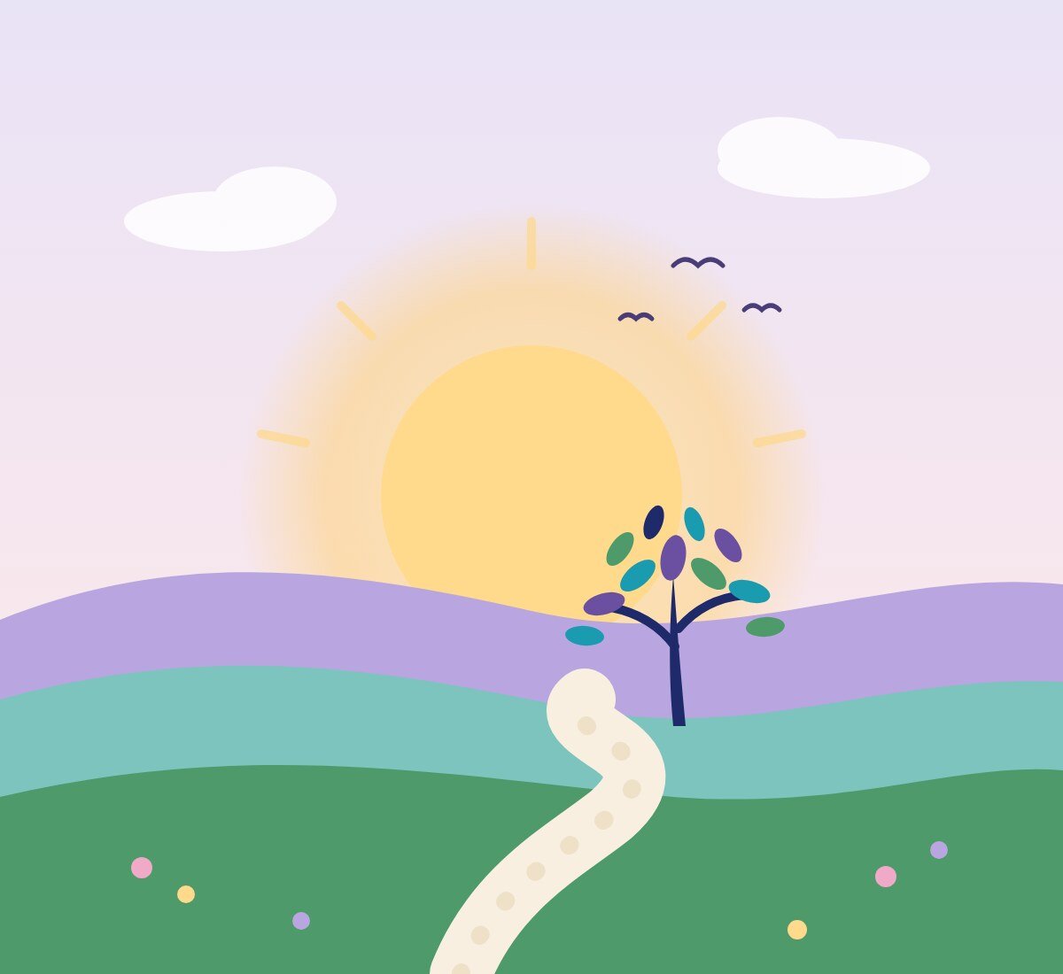 Illustration of a sunrise over rolling hills with a path leading to a colorful tree